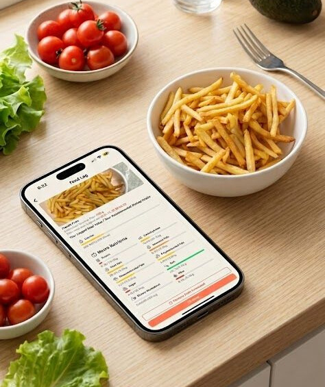 Smartphone displaying meal photo capture interface held above colorful buddha bowl with roasted vegetables and chickpeas