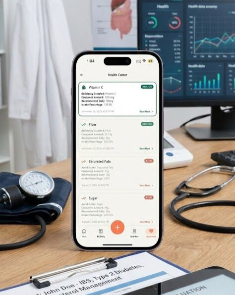 Person holding smartphone with voice recording interface visible next to healthy breakfast with whole grain toast and green smoothie